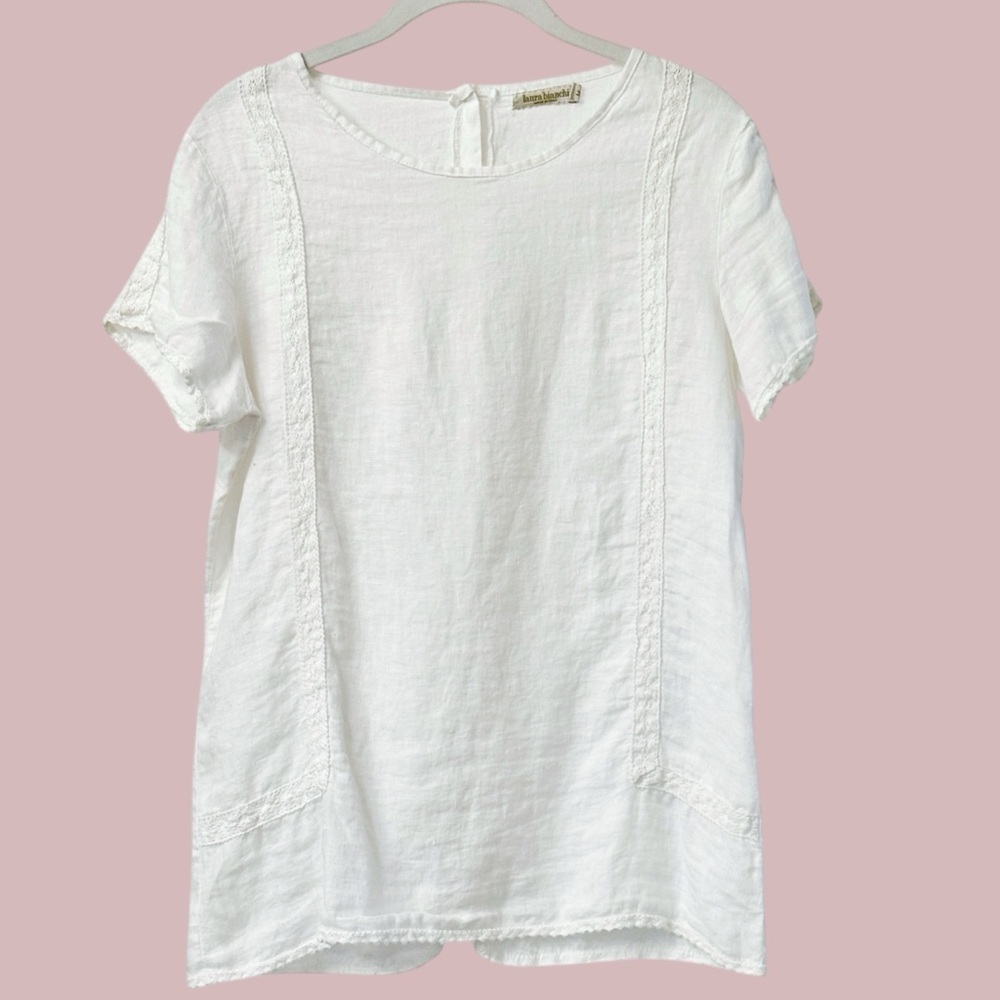 Italian White Linen Short Sleeve Tunic Blouse M Button Back Coastal Cottagecore